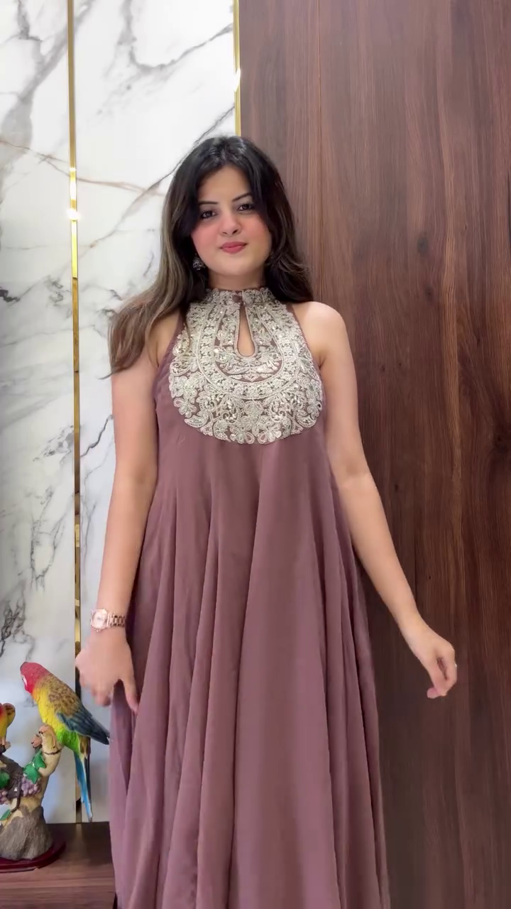 Mocha Elegance Embroidered Halter Maxi Dress