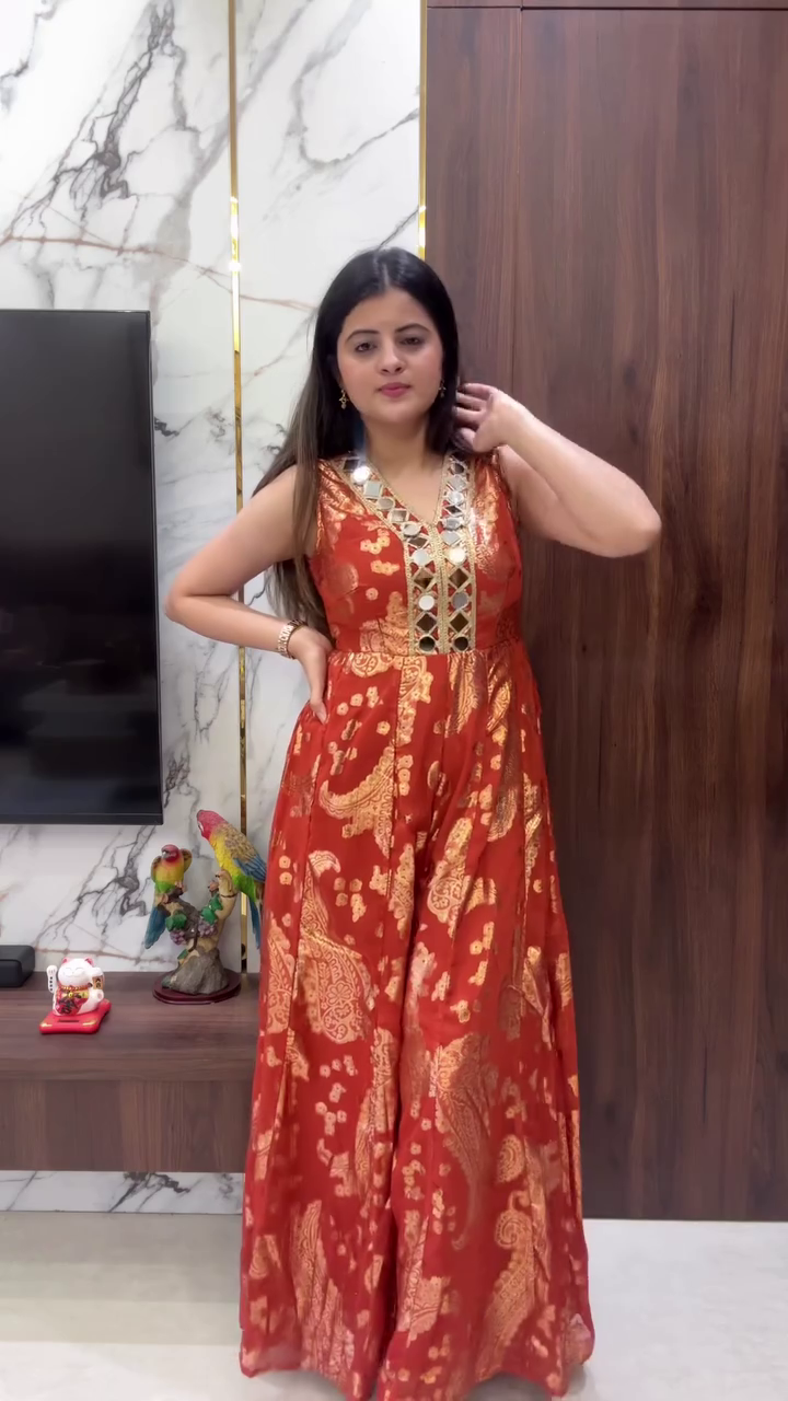 Rust Gold Printed Festive Maxi Dress