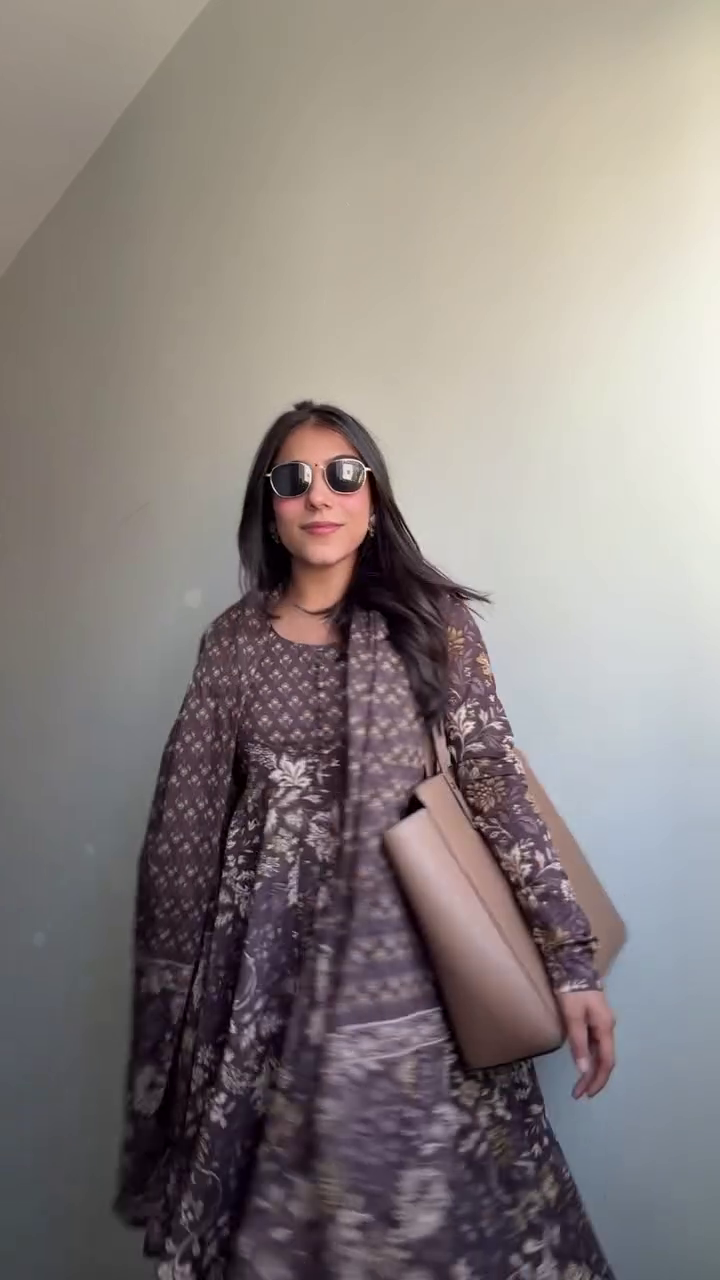 Mocha Floral Anarkali Suit Set