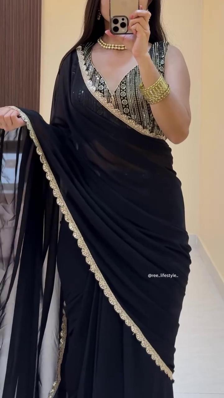 Sea Green Shimmer Saree with Scalloped Border