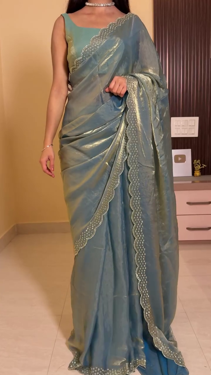Sea Green Shimmer Saree with Scalloped Border