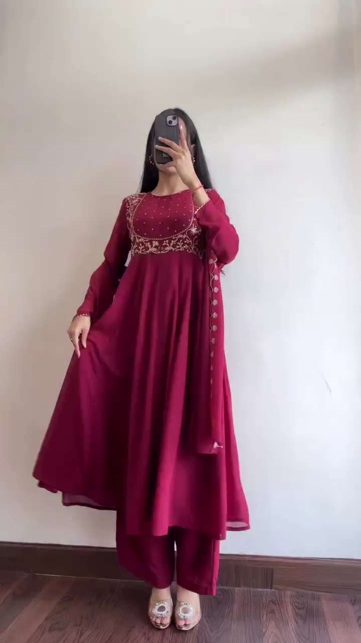 Mint Green Anarkali Suit Set with Golden Embellished Yoke & Dupatta