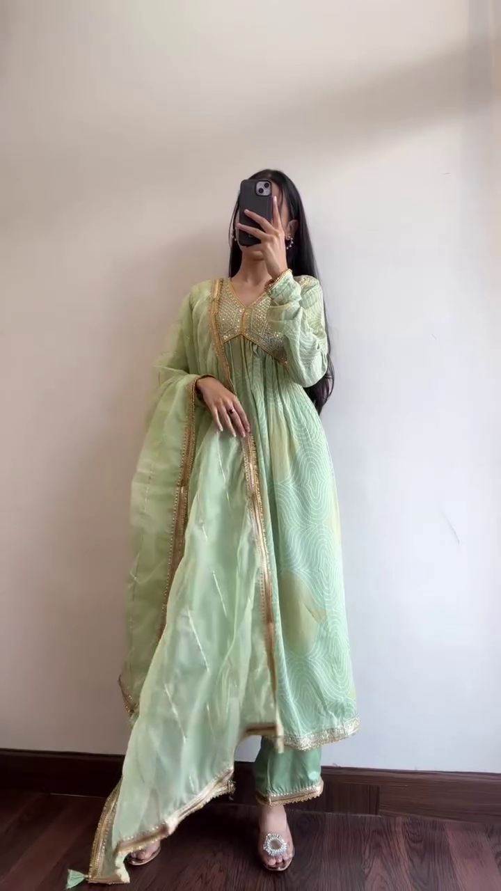 Mint Green Anarkali Suit Set with Golden Embellished Yoke & Dupatta