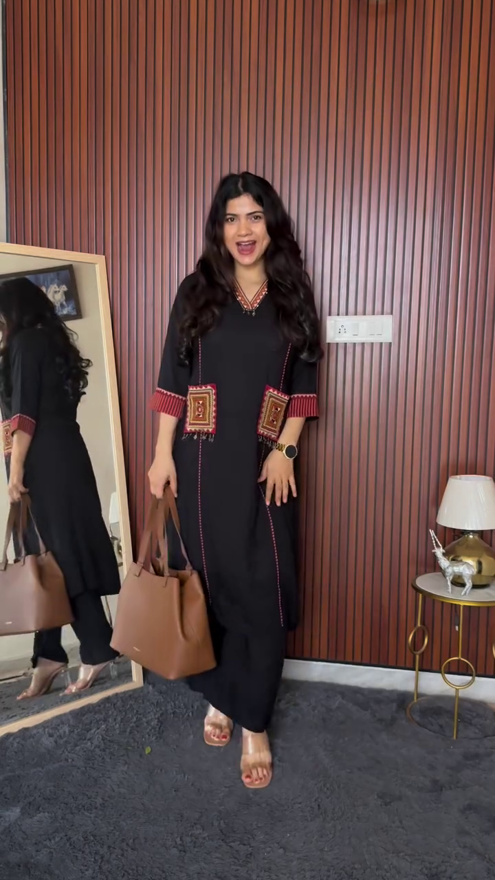 Black Straight Kurta Set with Tribal