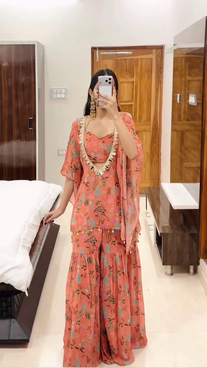 Coral Floral Printed Sharara Set with Statement Dupatta