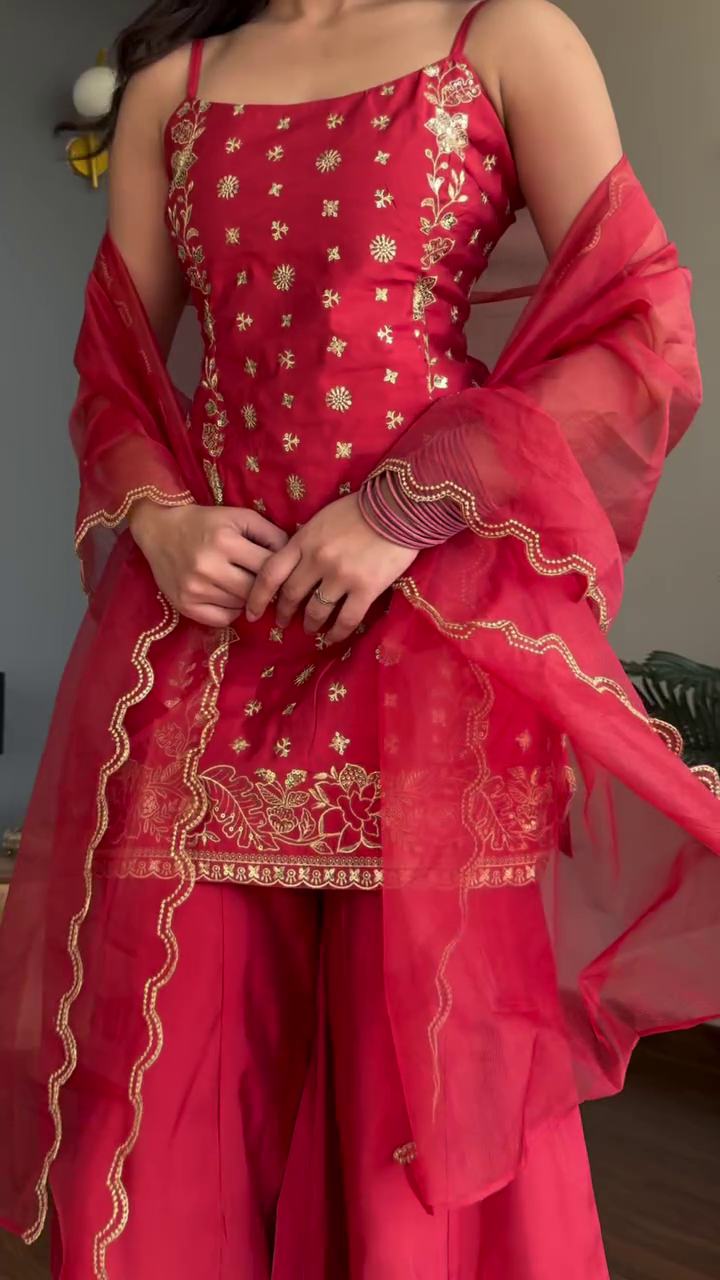 Ruby Red Embroidered Kurta Set with Organza Dupatta