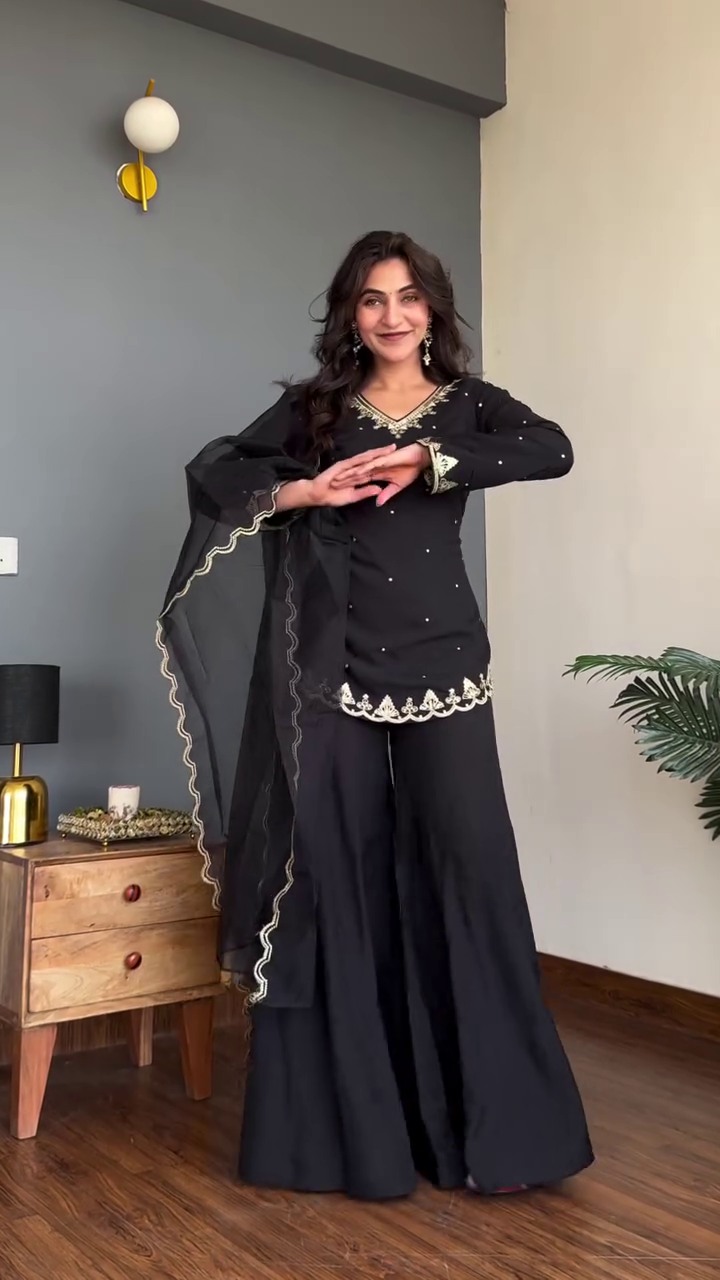 Ruby Red Embroidered Kurta Set with Organza Dupatta