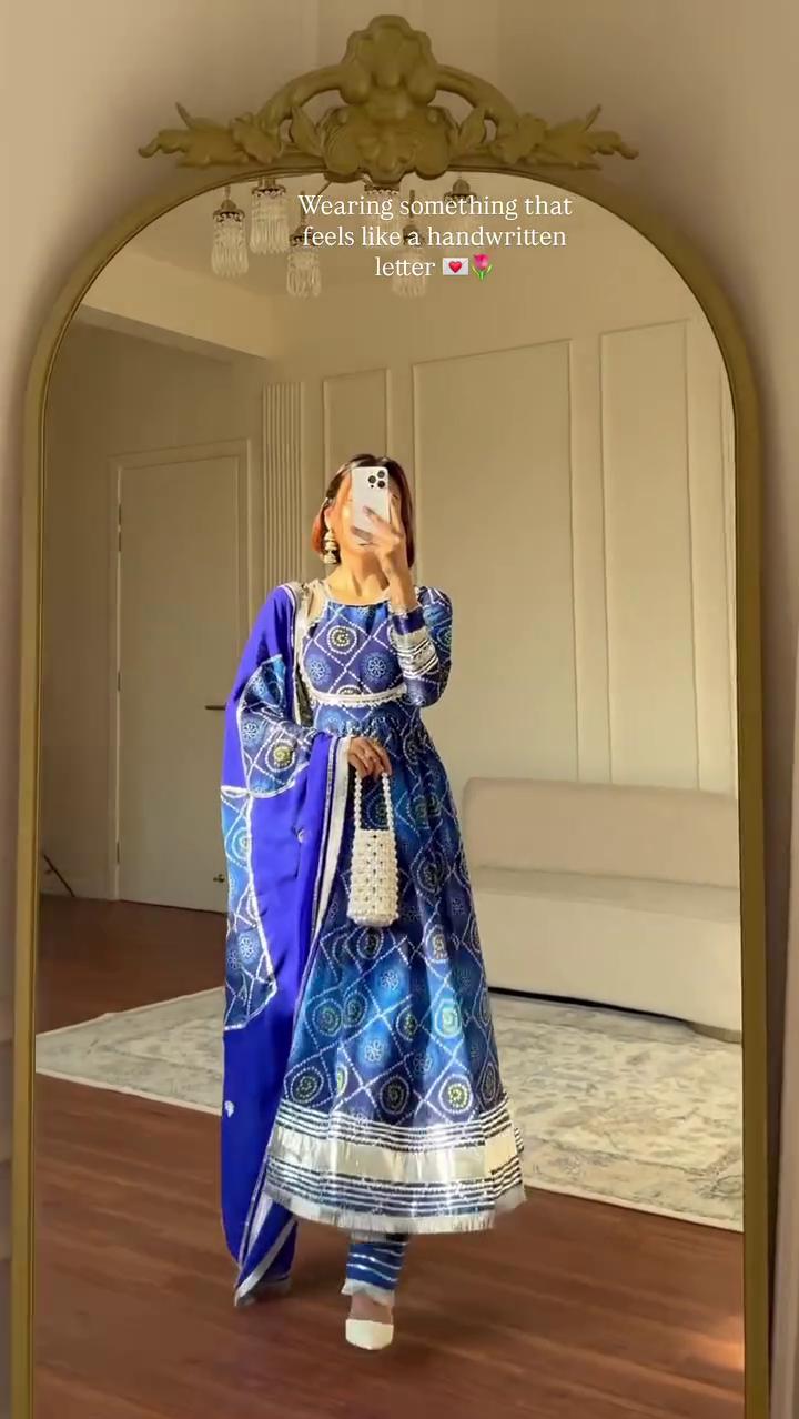 Midnight Sapphire Printed Anarkali Set with Dupatta