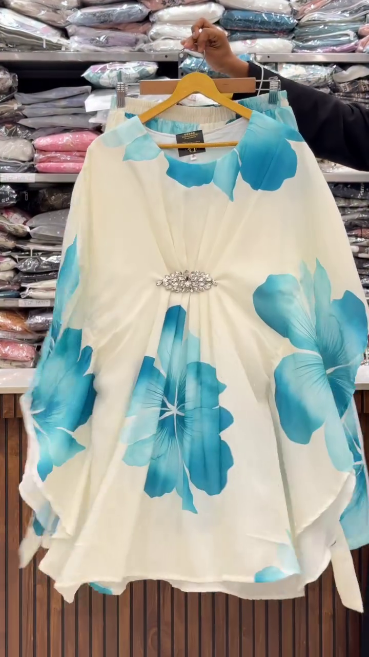 Elegant Blue Floral Kaftan Style Top – Premium Party & Vacation Wear129