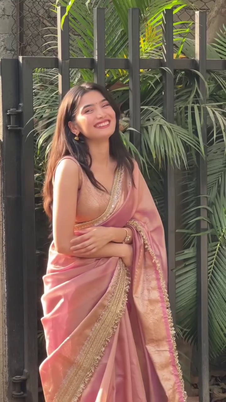 Blush Pink Organza Saree with Gold Border