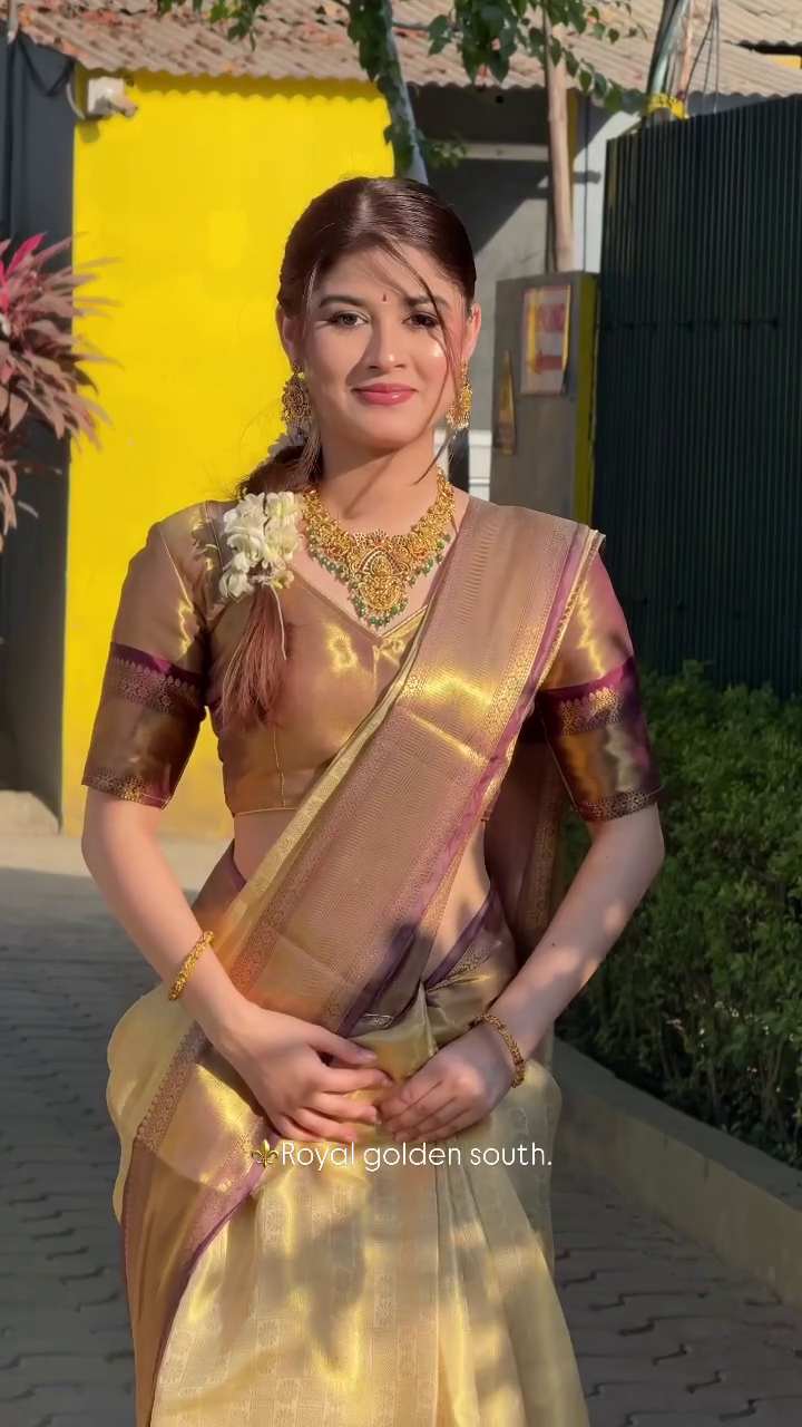 Royal Gold South Silk Saree with Purple Border