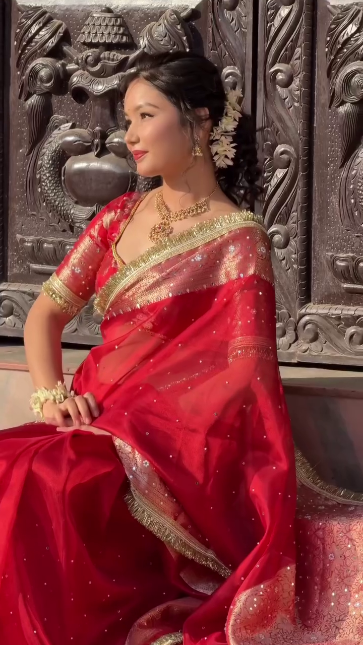Royal Crimson Zari Embellished Silk Saree