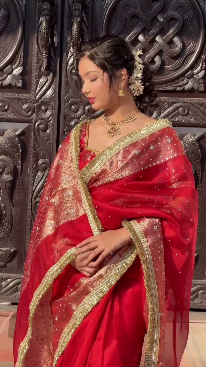 Royal Crimson Zari Embellished Silk Saree