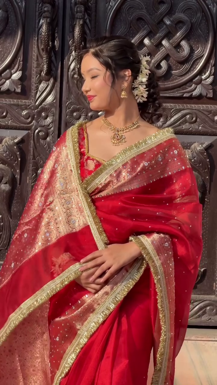 Royal Crimson Zari Embellished Silk Saree