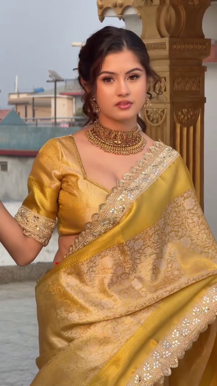 Regal Golden Banarasi Silk Saree with Intricate Zari Border