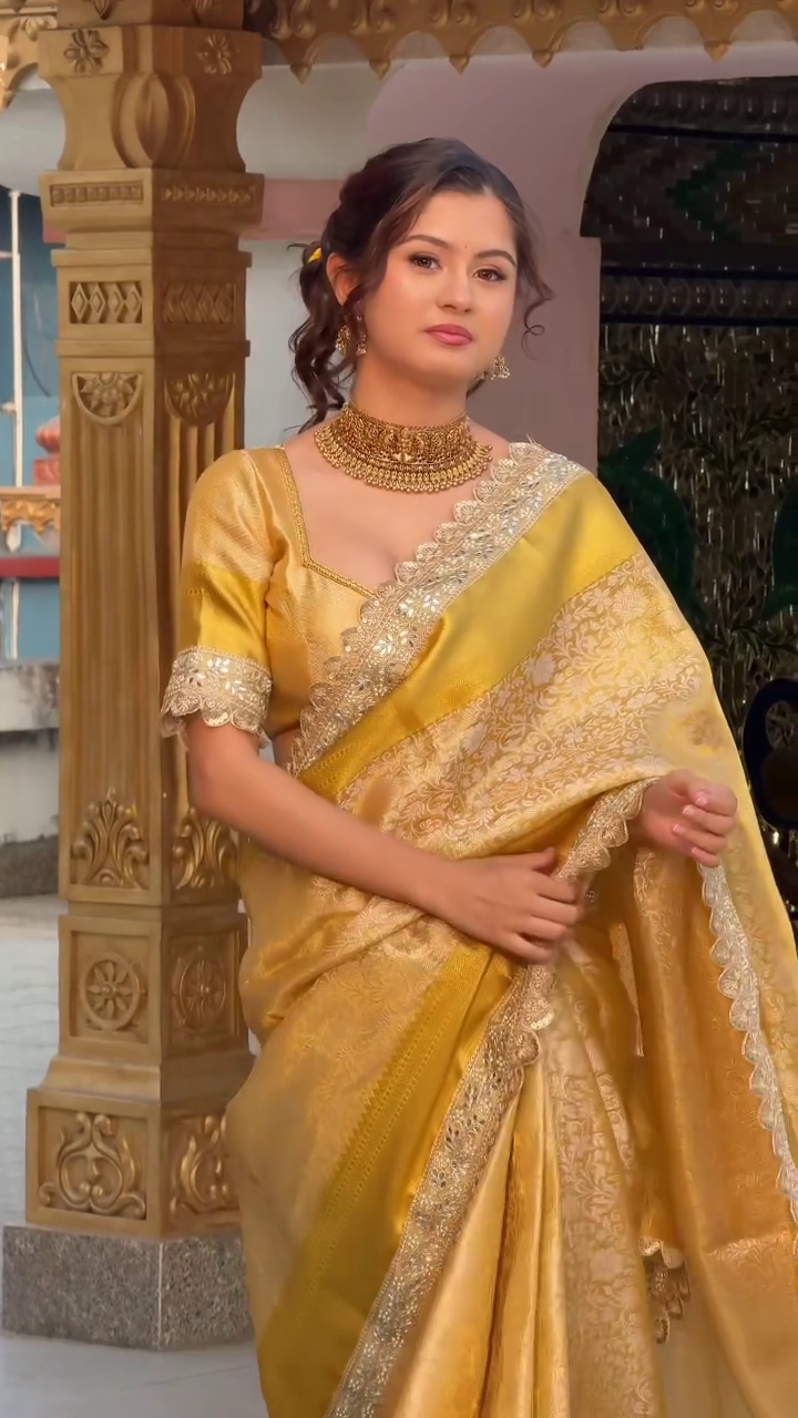 Regal Golden Banarasi Silk Saree with Intricate Zari Border