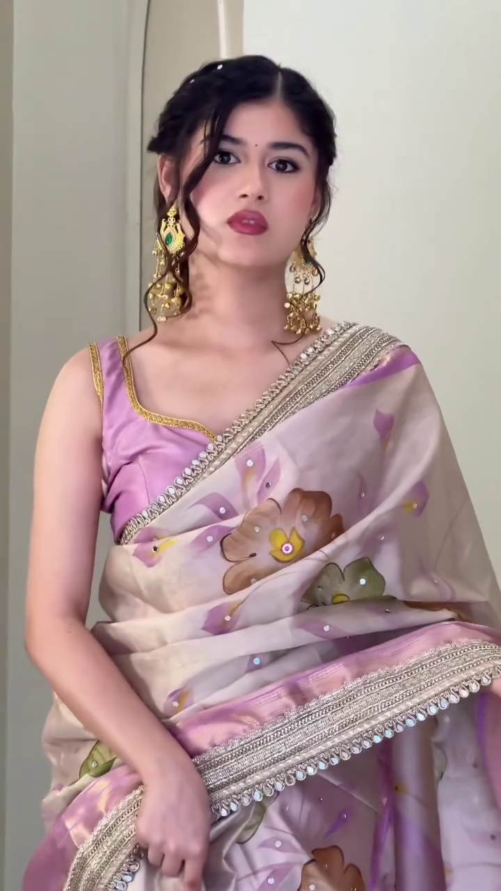 Blush Bloom Organza Saree with Hand-Painted Florals & Mirror Zari Border