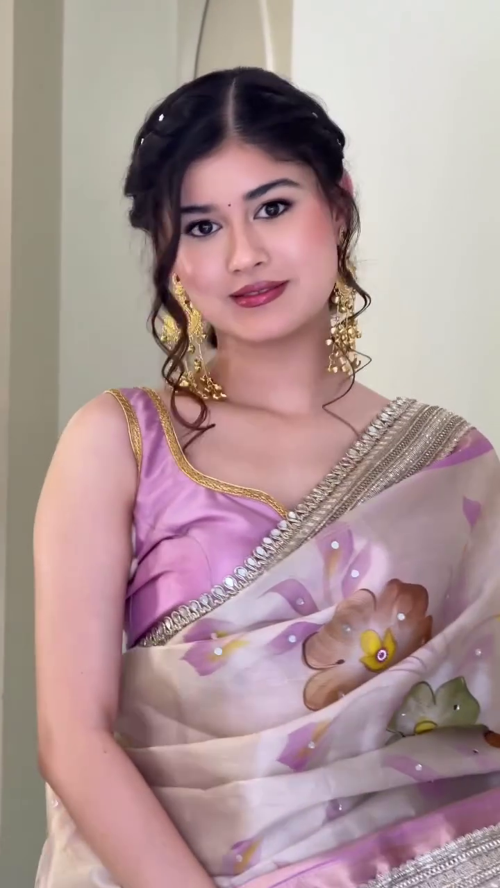 Blush Bloom Organza Saree with Hand-Painted Florals & Mirror Zari Border