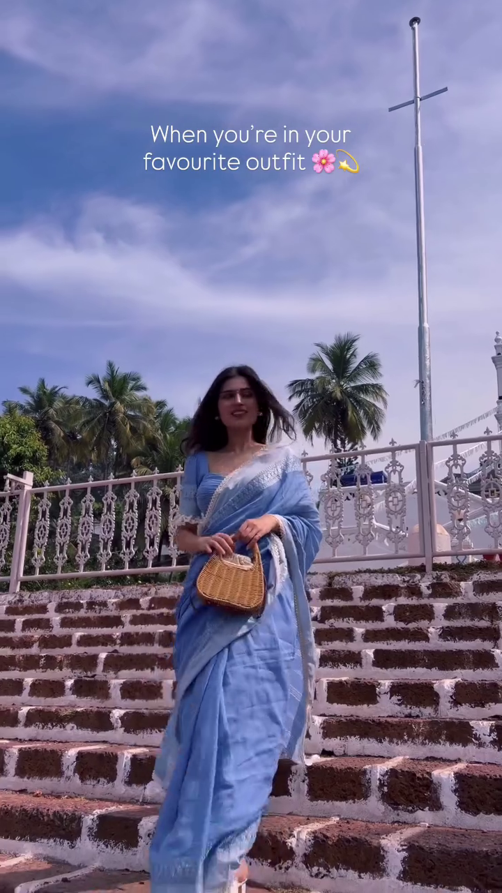Sky Blue Linen Saree with Delicate Silver Border