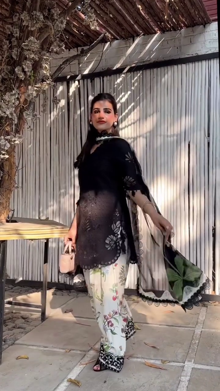 Elegant Black Embroidered Kurta Set with Printed Palazzo & Sheer Dupatta