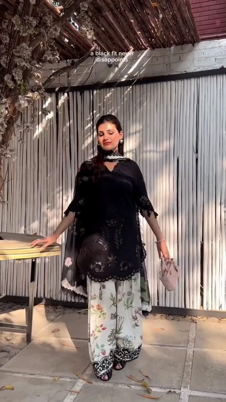 Elegant Black Embroidered Kurta Set with Printed Palazzo & Sheer Dupatta