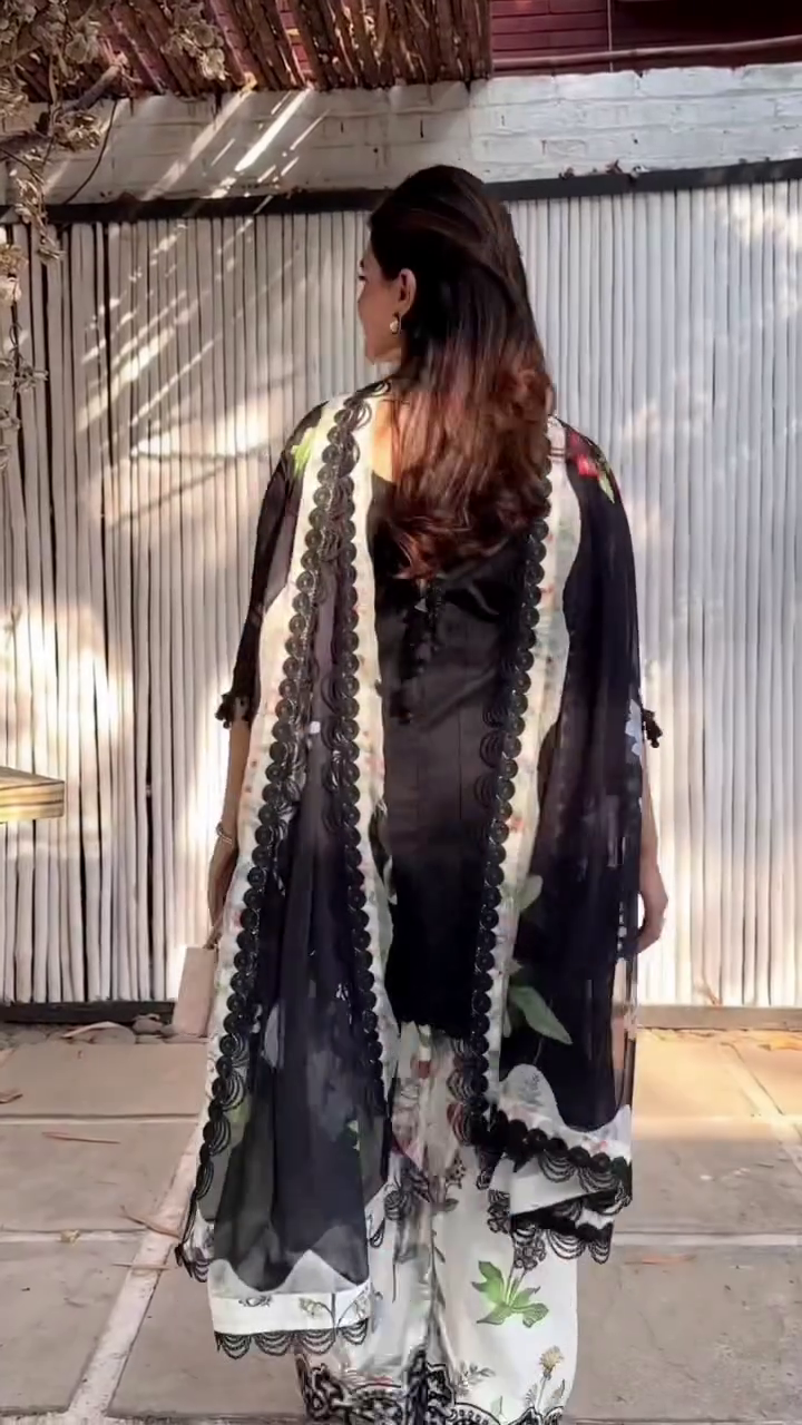 Elegant Black Embroidered Kurta Set with Printed Palazzo & Sheer Dupatta