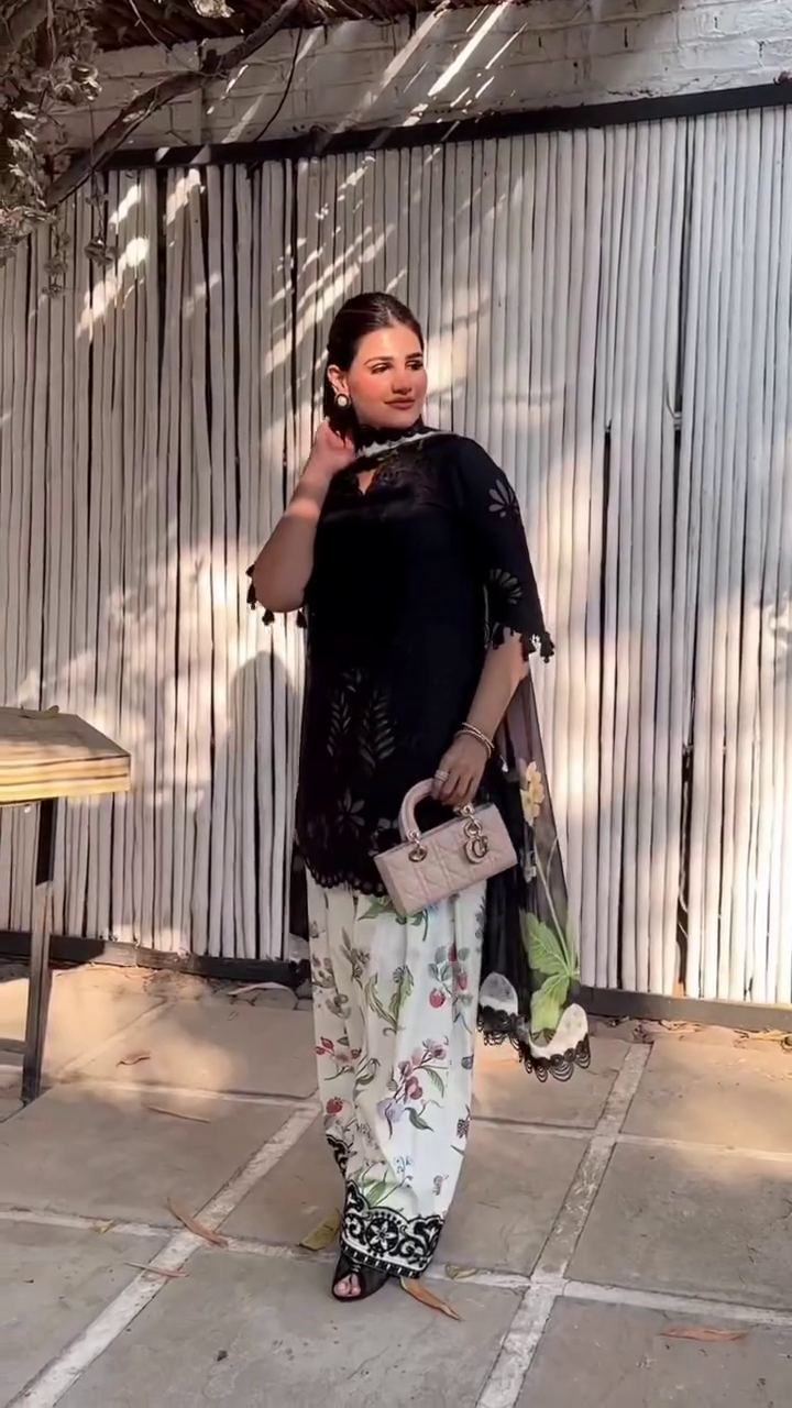 Elegant Black Embroidered Kurta Set with Printed Palazzo & Sheer Dupatta