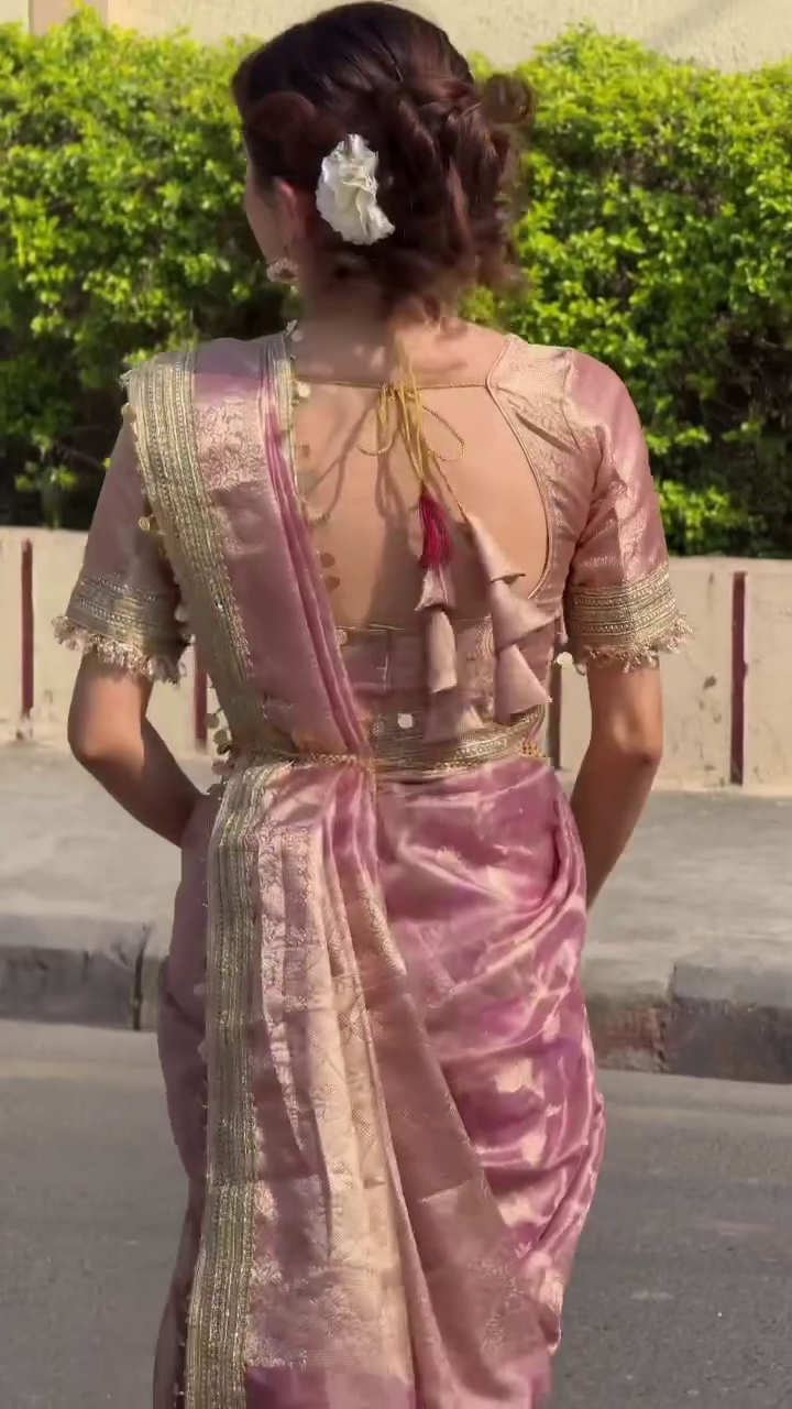 Elegant Rose Gold Silk Saree with Designer Blouse
