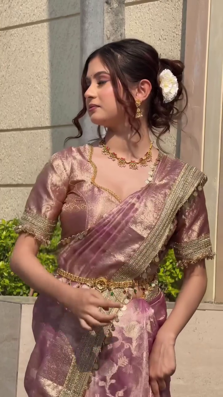 Elegant Rose Gold Silk Saree with Designer Blouse