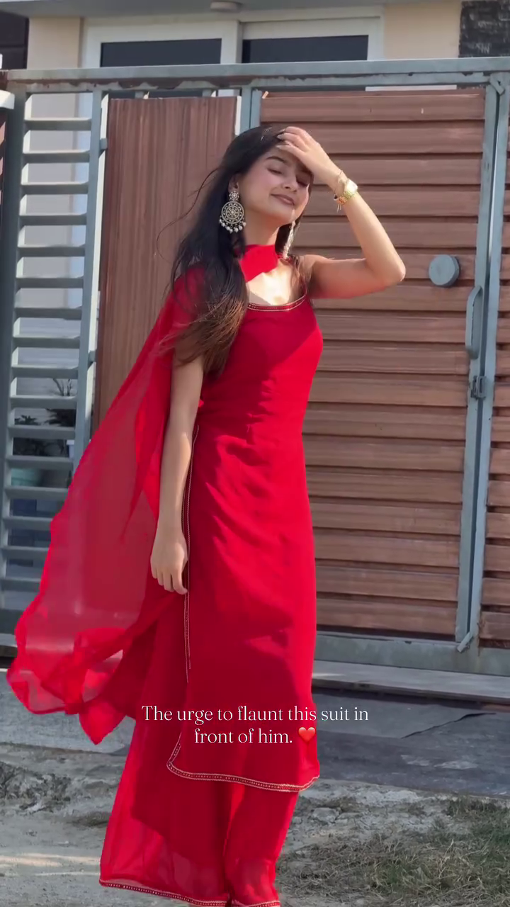 Red Chiffon Kurta Set