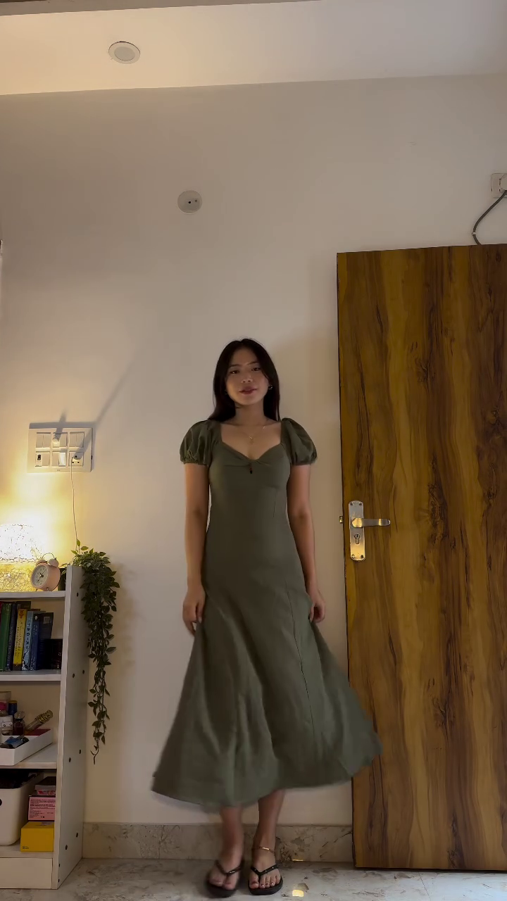 Olive Green Puff Sleeve Midi Dress