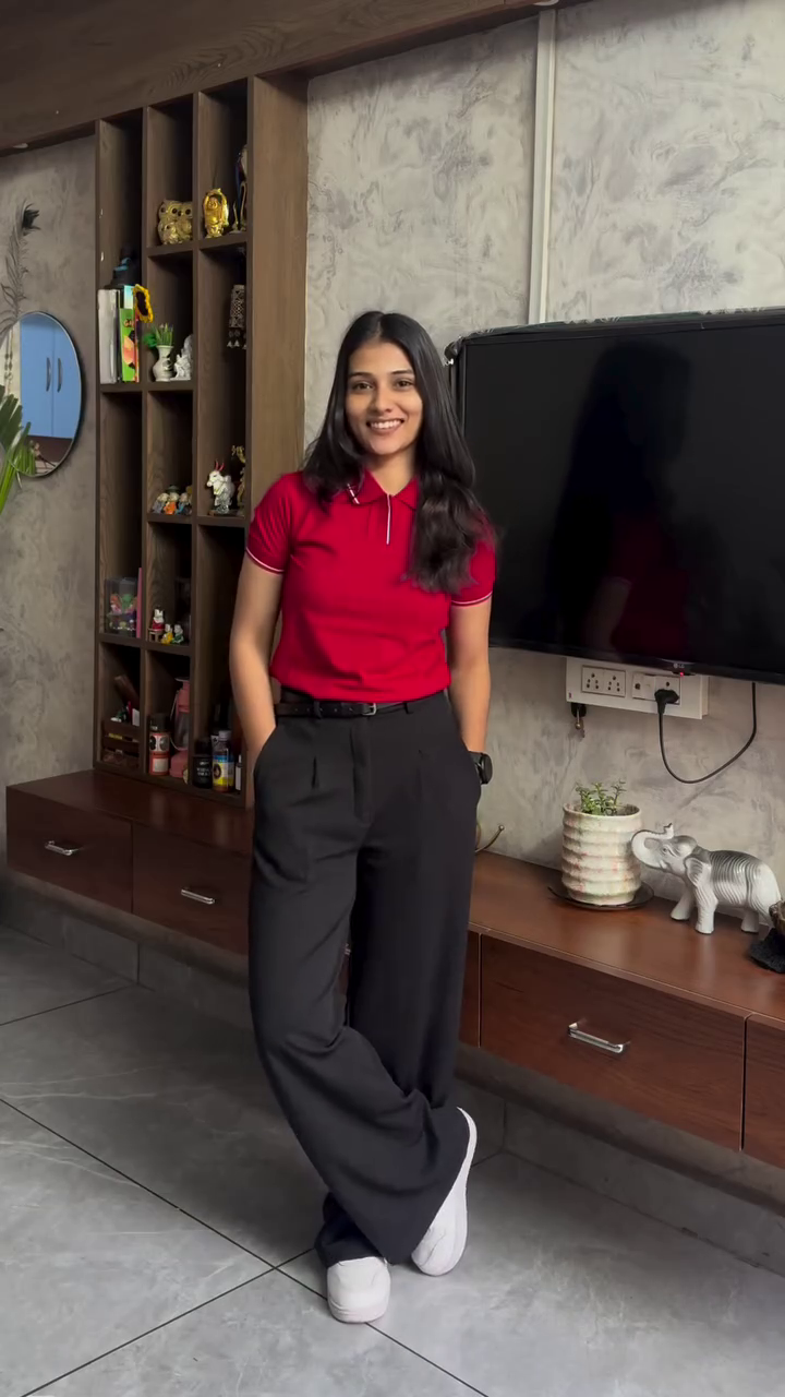 Pink Polo Top with High-Waist Wide-Leg Trousers