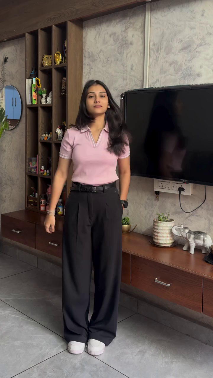 Pink Polo Top with High-Waist Wide-Leg Trousers