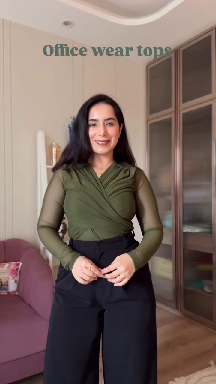 Olive Green Elegant Office Wrap Top