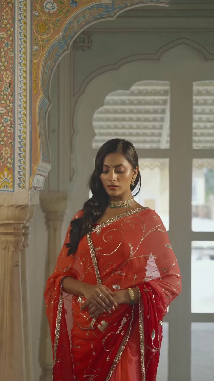 Red Embroidered Festive Saree