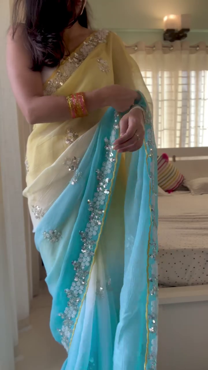 Yellow Blue Ombre Saree