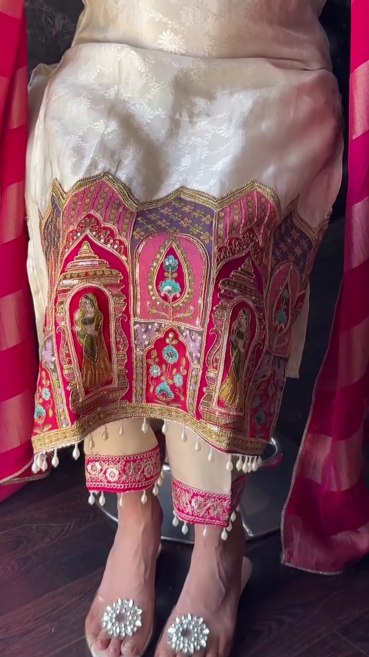 Cream Kurta with Pink Dupatta
