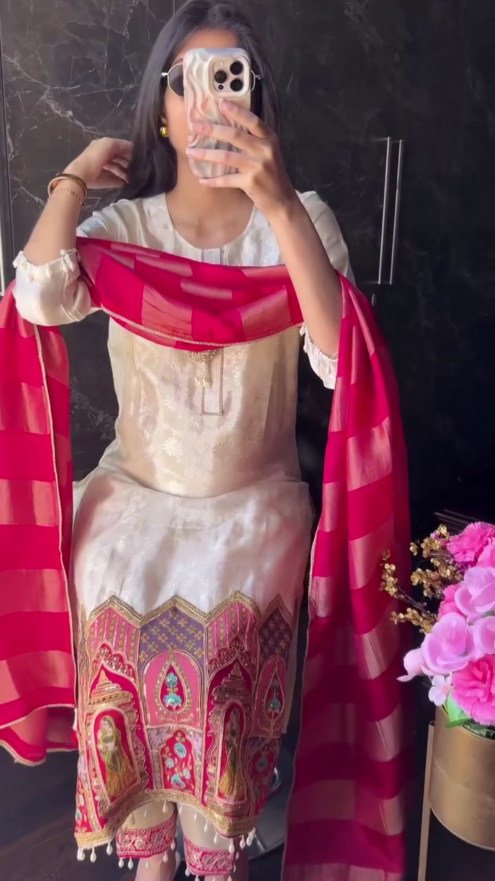 Cream Kurta with Pink Dupatta