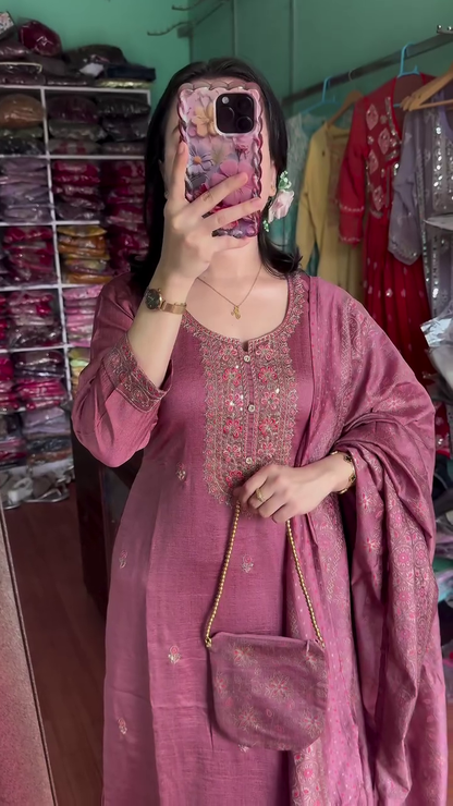 Pink Ethnic Motifs Printed Straight Sequinned Organza Kurta with Trousers & Dupatta