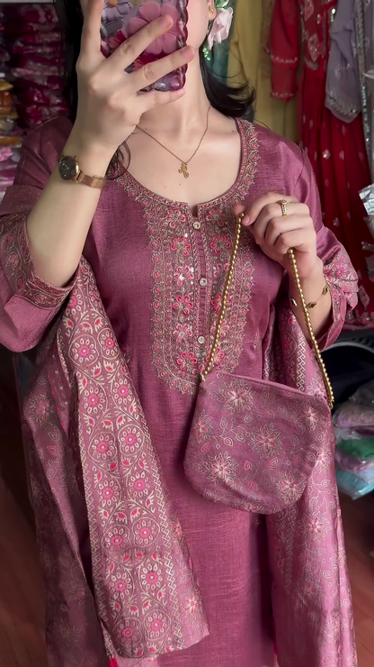 Pink Ethnic Motifs Printed Straight Sequinned Organza Kurta with Trousers & Dupatta