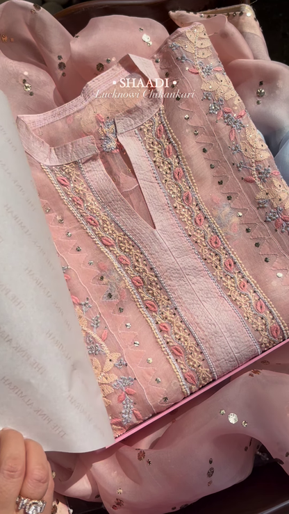 pink colour heavy chikankari suit set with koti