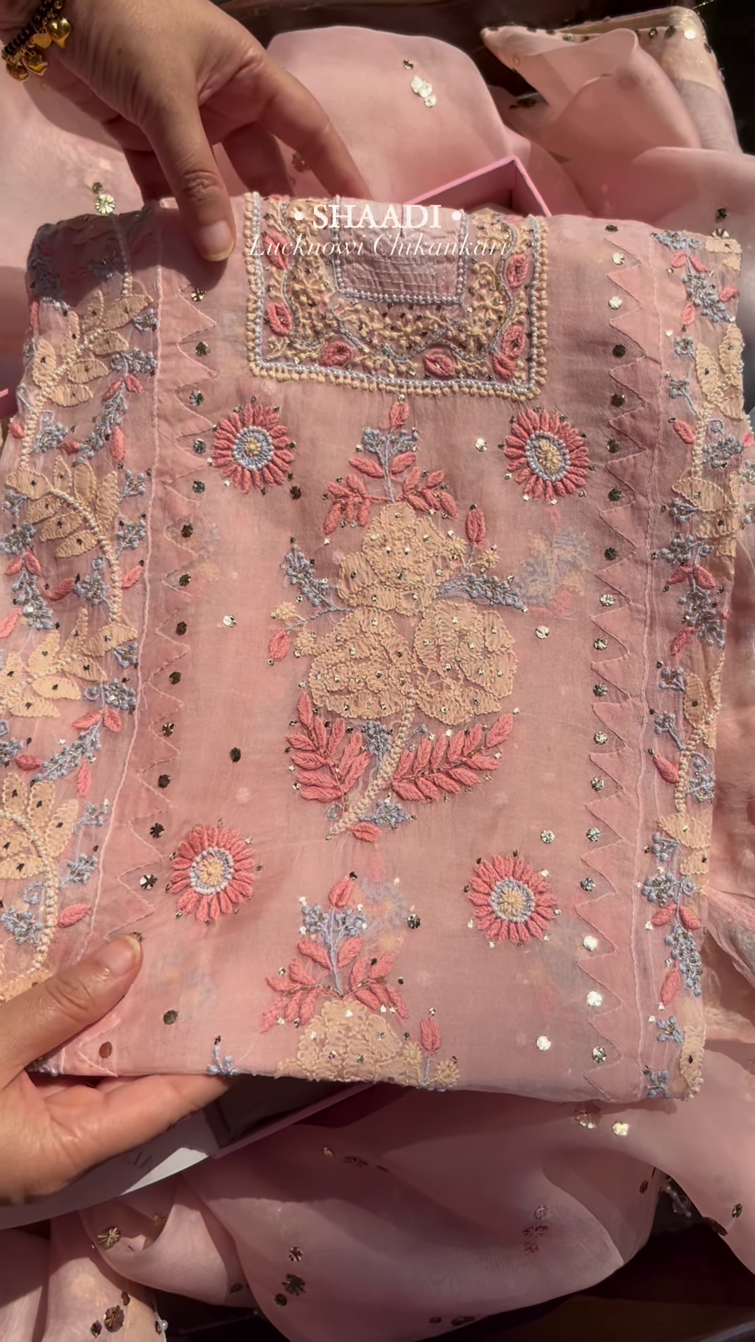 pink colour heavy chikankari suit set with koti