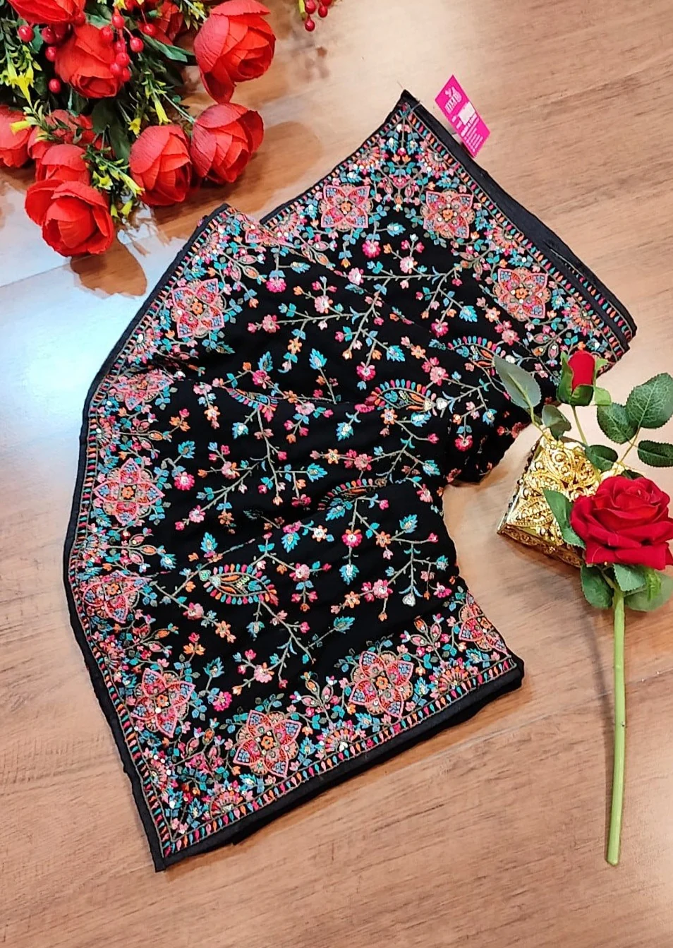 Black Hand Embroidered Kashmiri Saree