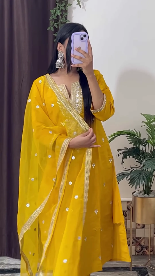 yellow coloured Handwork Kurti With Pant & Fancy Organza Dupatta