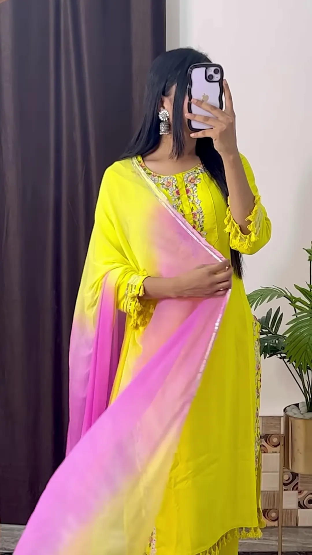 yellow coloured Handwork Kurti With Pant & Fancy Organza Dupatta