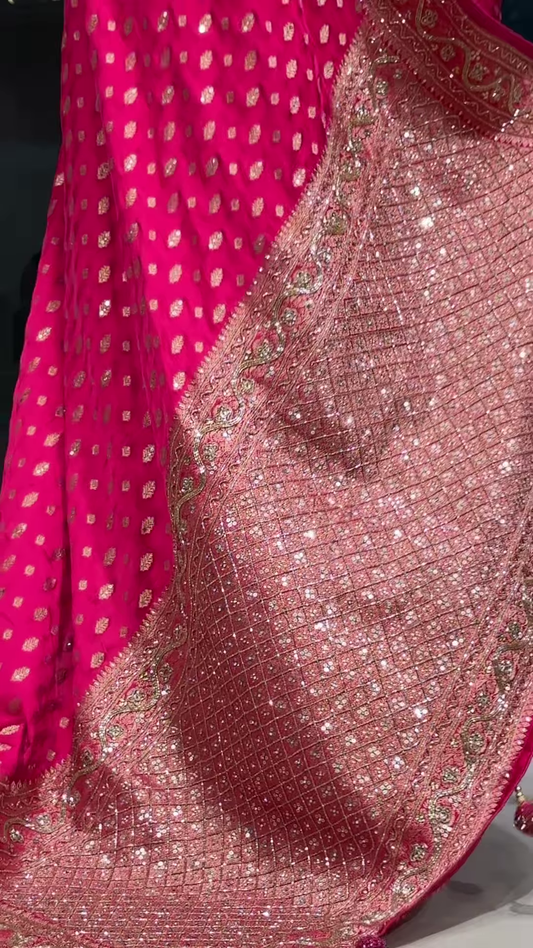 Rani Pink Zari & Sequins Work Raw Silk Saree