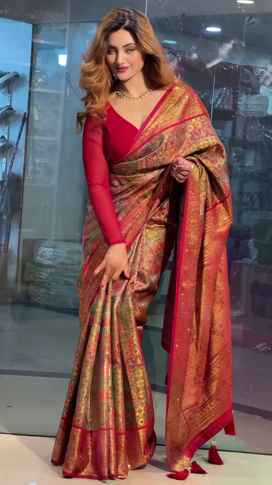 Elegant Floral Printed Zari Pashmina Saree for Timeless Indian Elegance