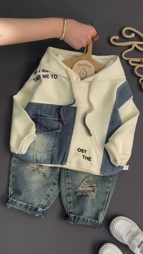 Trendy Patchwork Hoodie & Ripped Denim Set for Kids – Stylish & Comfy!