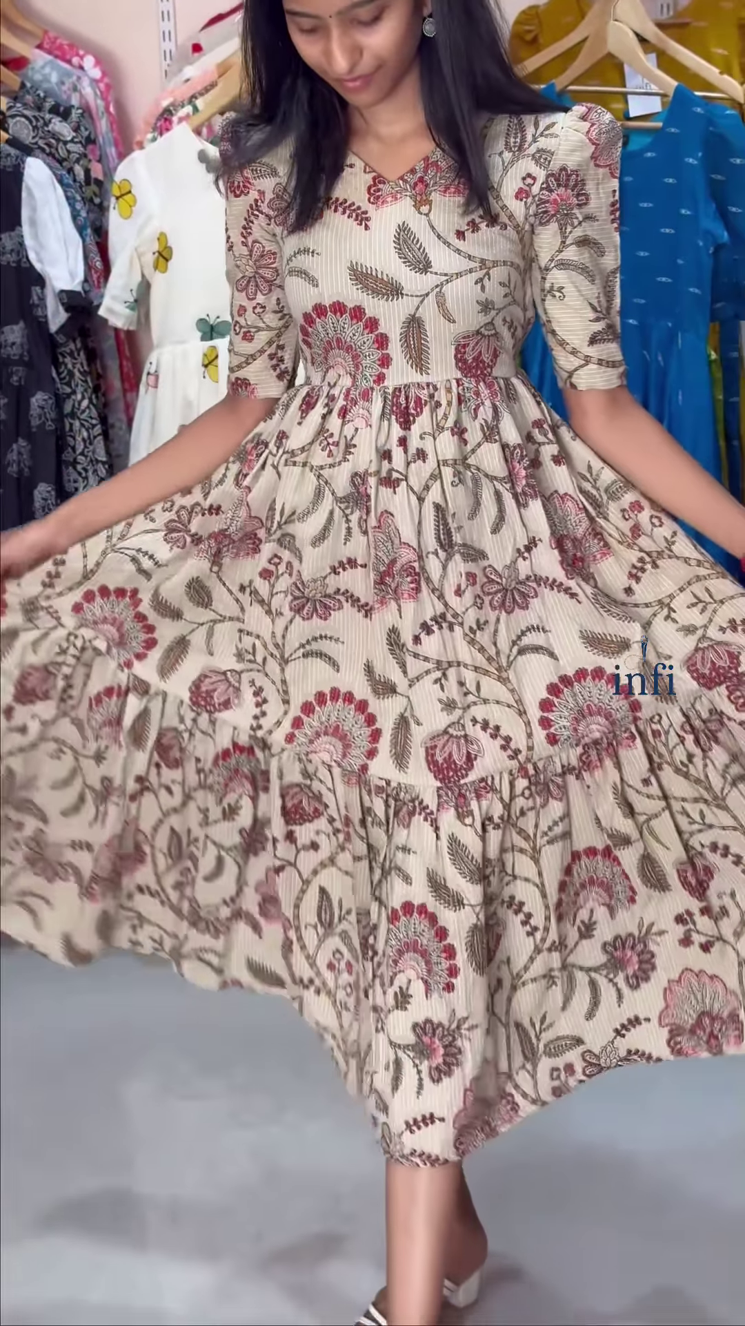 Beige Floral Fit & Flare Midi Dress – Elegant Casualwear for Women